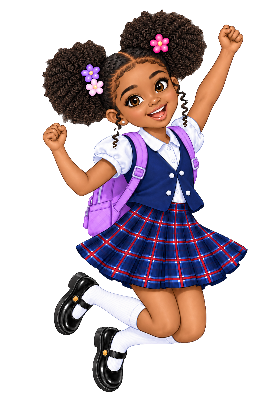 Maia jumping happily in her school uniform and purple backpack.